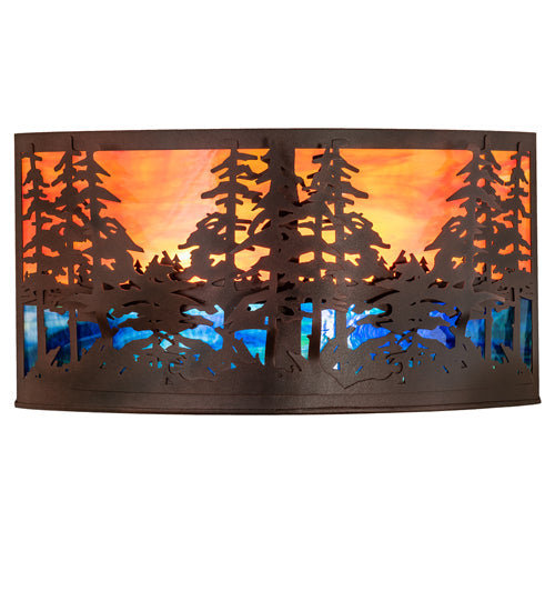 Meyda Lighting Tall Pines 24" 2-Light Rust & Wrought Iron Wall Sconce With Orange & Blue Shade Glass