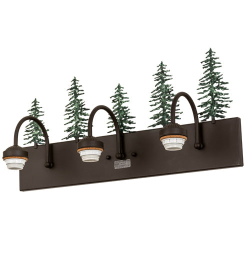 Meyda Lighting Tall Pines 24" 3-Light Oil Rubbed Bronze & Green Trees Vanity Light With White Shade Glass