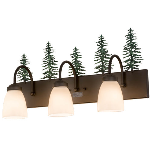 Meyda Lighting Tall Pines 24" 3-Light Oil Rubbed Bronze & Green Trees Vanity Light With White Shade Glass