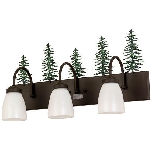 Meyda Lighting Tall Pines 24" 3-Light Oil Rubbed Bronze & Green Trees Vanity Light With White Shade Glass