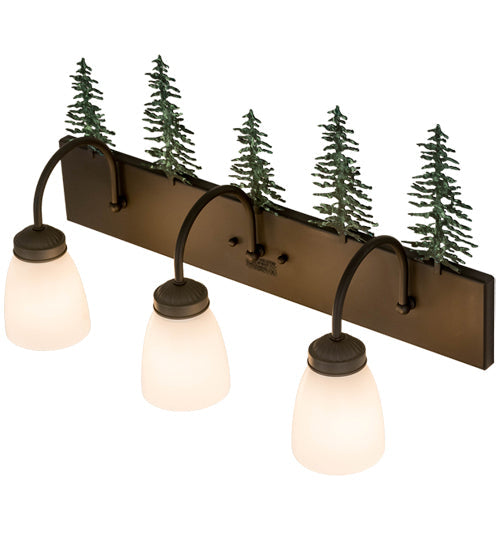 Meyda Lighting Tall Pines 24" 3-Light Oil Rubbed Bronze & Green Trees Vanity Light With White Shade Glass