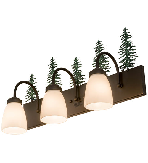 Meyda Lighting Tall Pines 24" 3-Light Oil Rubbed Bronze & Green Trees Vanity Light With White Shade Glass