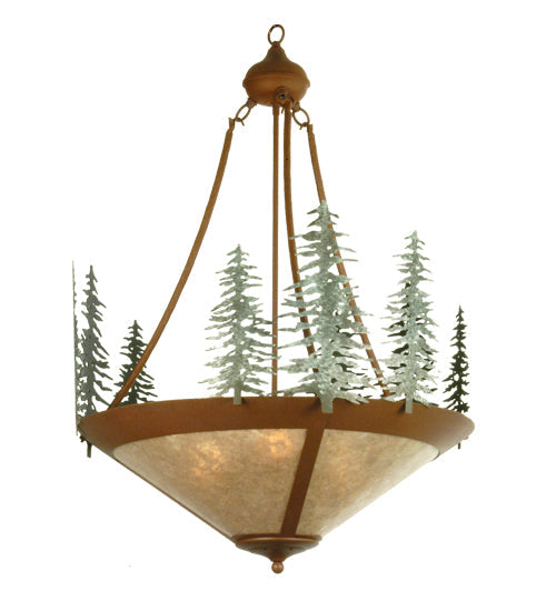 Meyda Lighting Tall Pines 24" 3-Light Rust & Green Trees Inverted Pendant Light With Silver Mica Shade Glass