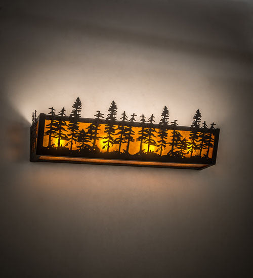 Meyda Lighting Tall Pines 24" 4-Light Black Satin Wrought Iron Vanity Light With Amber Mica Shade Glass