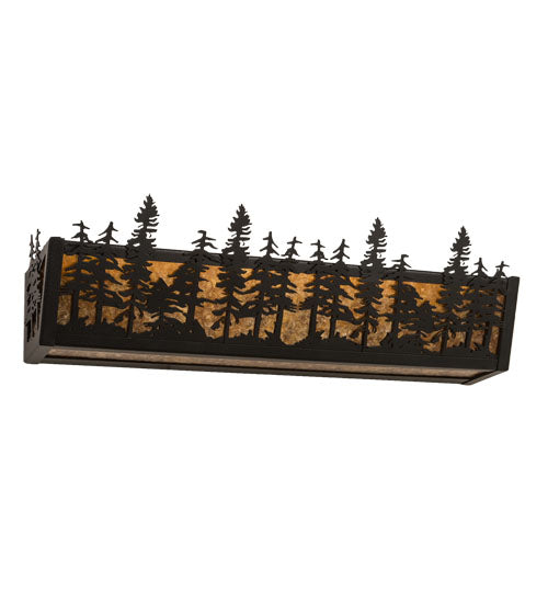 Meyda Lighting Tall Pines 24" 4-Light Black Satin Wrought Iron Vanity Light With Amber Mica Shade Glass
