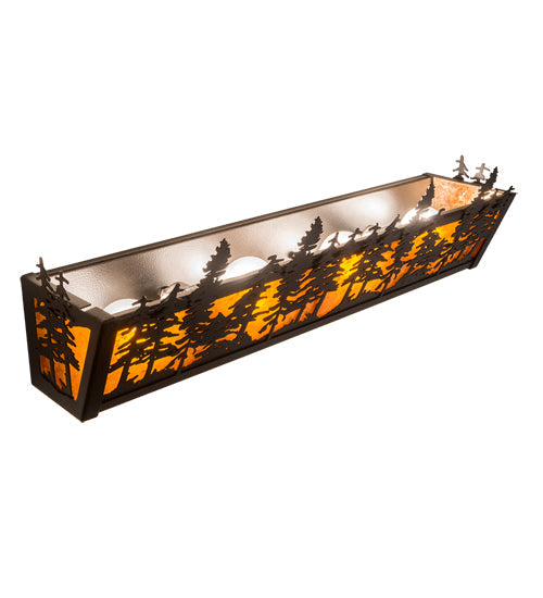 Meyda Lighting Tall Pines 24" 4-Light Black Satin Wrought Iron Vanity Light With Amber Mica Shade Glass