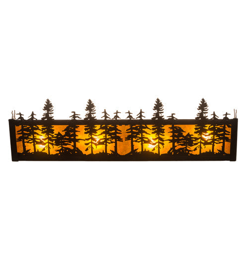 Meyda Lighting Tall Pines 24" 4-Light Black Satin Wrought Iron Vanity Light With Amber Mica Shade Glass