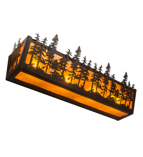 Meyda Lighting Tall Pines 24" 4-Light Black Satin Wrought Iron Vanity Light With Amber Mica Shade Glass