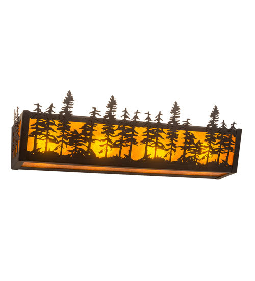 Meyda Lighting Tall Pines 24" 4-Light Black Satin Wrought Iron Vanity Light With Amber Mica Shade Glass