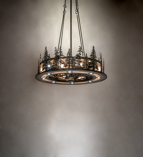 Meyda Lighting Tall Pines 242619 48" 21-Light Dark Burnished Antique Copper Chandelier With Silver Mica Shade Glass and Fan