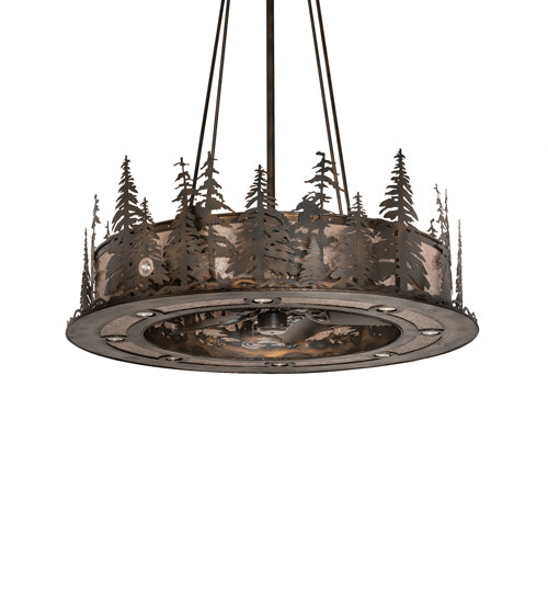 Meyda Lighting Tall Pines 242619 48" 21-Light Dark Burnished Antique Copper Chandelier With Silver Mica Shade Glass and Fan