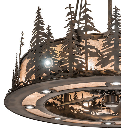 Meyda Lighting Tall Pines 242619 48" 21-Light Dark Burnished Antique Copper Chandelier With Silver Mica Shade Glass and Fan