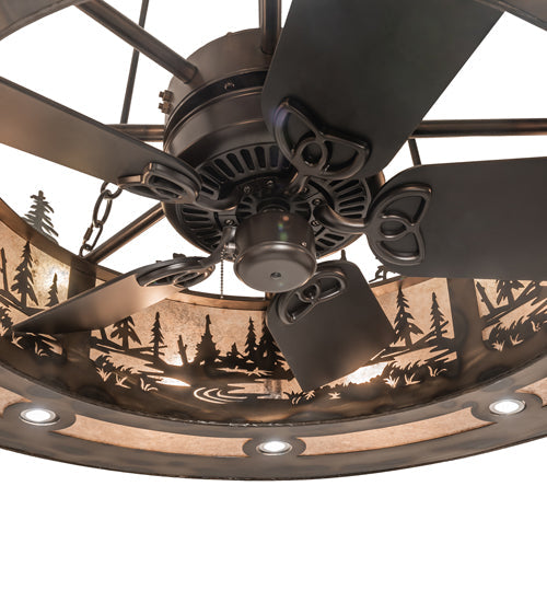 Meyda Lighting Tall Pines 242619 48" 21-Light Dark Burnished Antique Copper Chandelier With Silver Mica Shade Glass and Fan