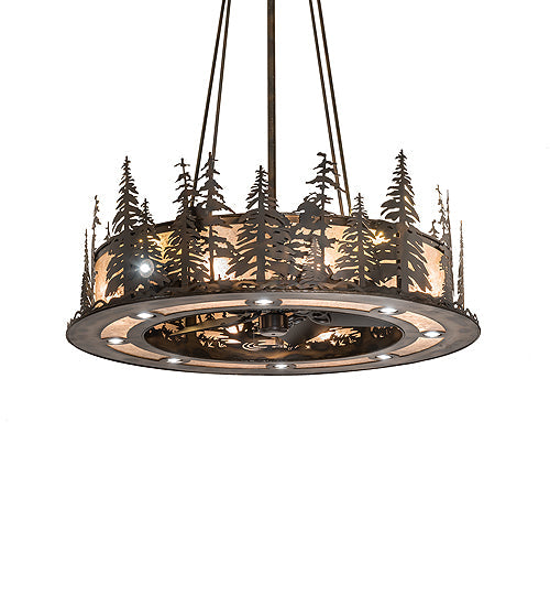 Meyda Lighting Tall Pines 242619 48" 21-Light Dark Burnished Antique Copper Chandelier With Silver Mica Shade Glass and Fan