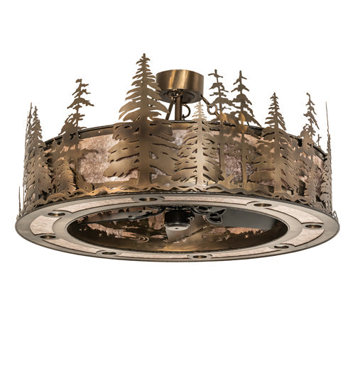 Meyda Lighting Tall Pines 243947 45" 24-Light Antique Copper Chandelier With Silver Mica Shade Glass and Fan