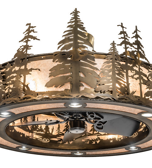 Meyda Lighting Tall Pines 243947 45" 24-Light Antique Copper Chandelier With Silver Mica Shade Glass and Fan