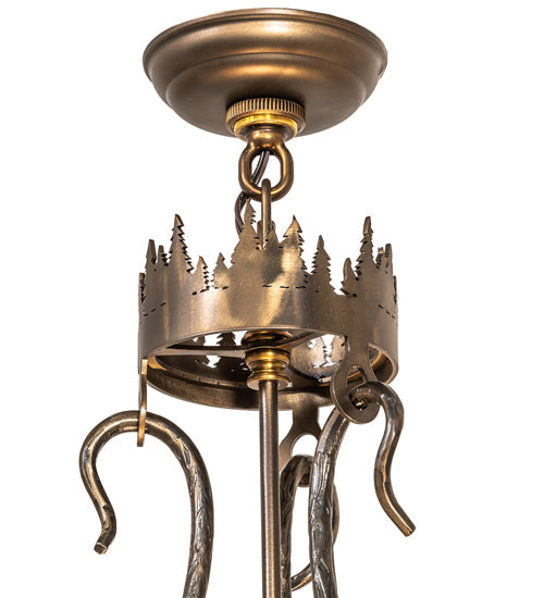 Meyda Lighting Tall Pines 26" 4-Light Antique Copper Inverted Pendant Light With Blue Art Glass & Fleshtone Idalight Shade