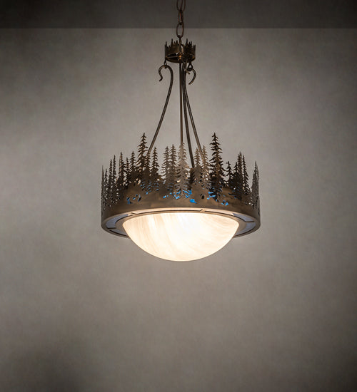 Meyda Lighting Tall Pines 26" 4-Light Antique Copper Inverted Pendant Light With Blue Art Glass & Fleshtone Idalight Shade
