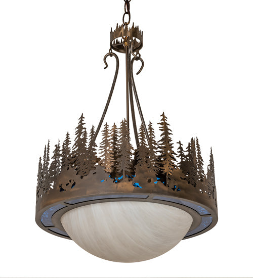 Meyda Lighting Tall Pines 26" 4-Light Antique Copper Inverted Pendant Light With Blue Art Glass & Fleshtone Idalight Shade