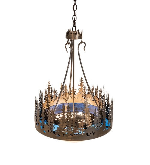 Meyda Lighting Tall Pines 26" 4-Light Antique Copper Inverted Pendant Light With Blue Art Glass & Fleshtone Idalight Shade