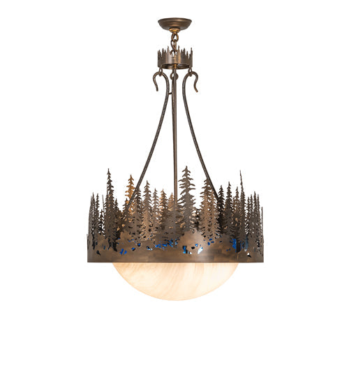 Meyda Lighting Tall Pines 26" 4-Light Antique Copper Inverted Pendant Light With Blue Art Glass & Fleshtone Idalight Shade
