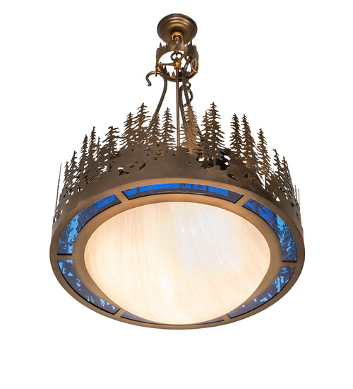 Meyda Lighting Tall Pines 26" 4-Light Antique Copper Inverted Pendant Light With Blue Art Glass & Fleshtone Idalight Shade