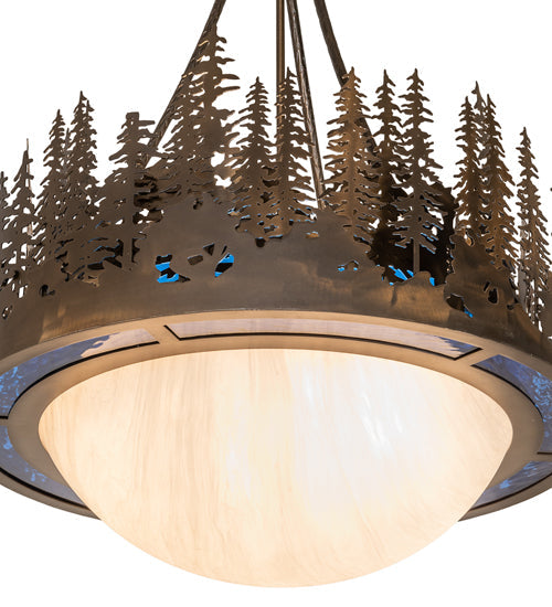 Meyda Lighting Tall Pines 26" 4-Light Antique Copper Inverted Pendant Light With Blue Art Glass & Fleshtone Idalight Shade