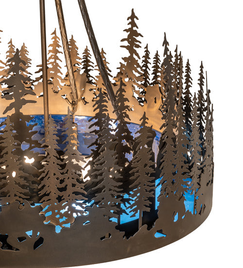 Meyda Lighting Tall Pines 26" 4-Light Antique Copper Inverted Pendant Light With Blue Art Glass & Fleshtone Idalight Shade
