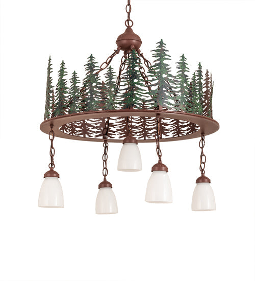 Meyda Lighting Tall Pines 28" 5-Light Rust & Green Trees Chandelier With White Shade Glass