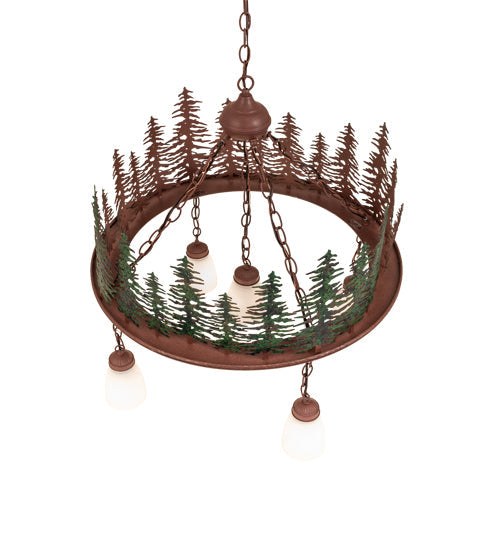 Meyda Lighting Tall Pines 28" 5-Light Rust & Green Trees Chandelier With White Shade Glass