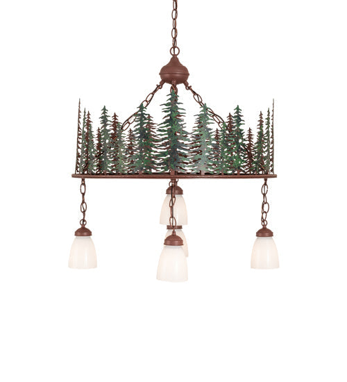 Meyda Lighting Tall Pines 28" 5-Light Rust & Green Trees Chandelier With White Shade Glass