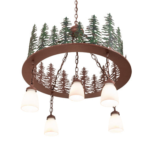 Meyda Lighting Tall Pines 28" 5-Light Rust & Green Trees Chandelier With White Shade Glass