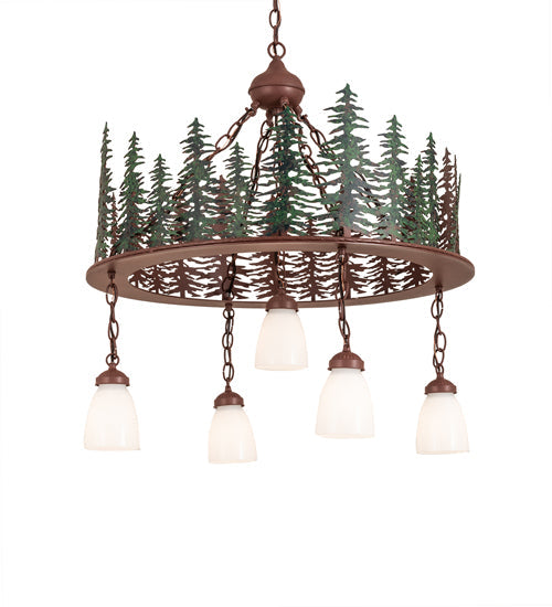Meyda Lighting Tall Pines 28" 5-Light Rust & Green Trees Chandelier With White Shade Glass