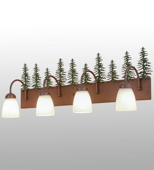 Meyda Lighting Tall Pines 29486 35" 4-Light Rust & Green Trees Vanity Light With White Shade Glass