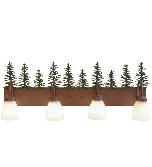 Meyda Lighting Tall Pines 29486 35" 4-Light Rust & Green Trees Vanity Light With White Shade Glass