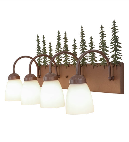 Meyda Lighting Tall Pines 29486 35" 4-Light Rust & Green Trees Vanity Light With White Shade Glass