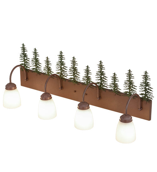 Meyda Lighting Tall Pines 29486 35" 4-Light Rust & Green Trees Vanity Light With White Shade Glass