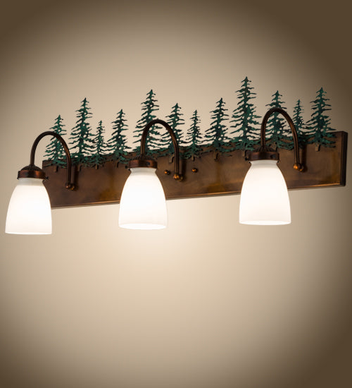 Meyda Lighting Tall Pines 30" 3-Light Vintage Copper & Green Trees Vanity Light With White Opal Shade Glass