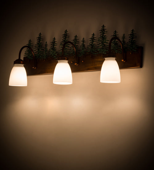 Meyda Lighting Tall Pines 30" 3-Light Vintage Copper & Green Trees Vanity Light With White Opal Shade Glass