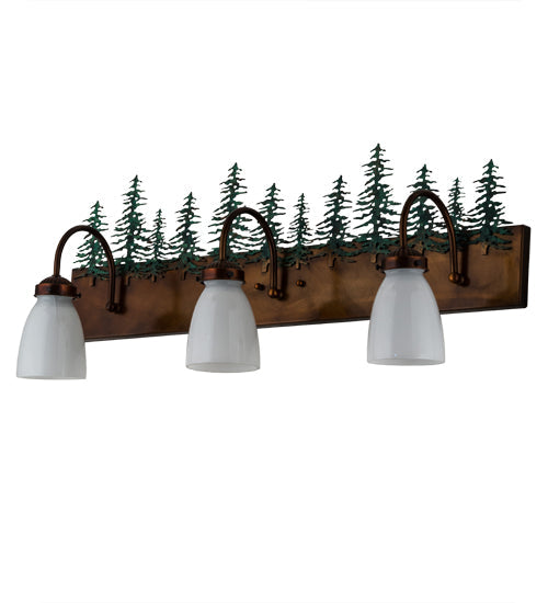 Meyda Lighting Tall Pines 30" 3-Light Vintage Copper & Green Trees Vanity Light With White Opal Shade Glass