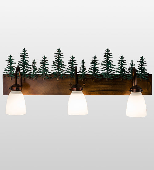 Meyda Lighting Tall Pines 30" 3-Light Vintage Copper & Green Trees Vanity Light With White Opal Shade Glass