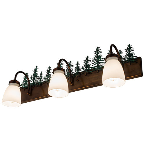 Meyda Lighting Tall Pines 30" 3-Light Vintage Copper & Green Trees Vanity Light With White Opal Shade Glass