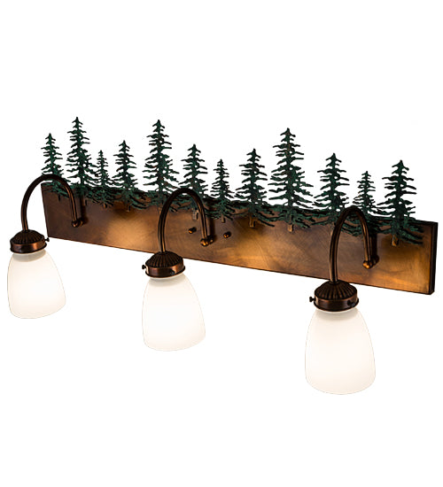 Meyda Lighting Tall Pines 30" 3-Light Vintage Copper & Green Trees Vanity Light With White Opal Shade Glass