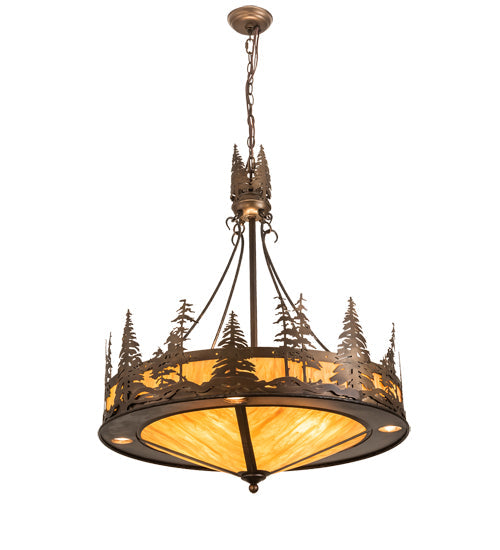 Meyda Lighting Tall Pines 30" 4-Light Antique Copper Inverted Pendant Light With Ambra Sienna Idalight Shade