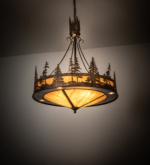 Meyda Lighting Tall Pines 30" 4-Light Antique Copper Inverted Pendant Light With Ambra Sienna Idalight Shade