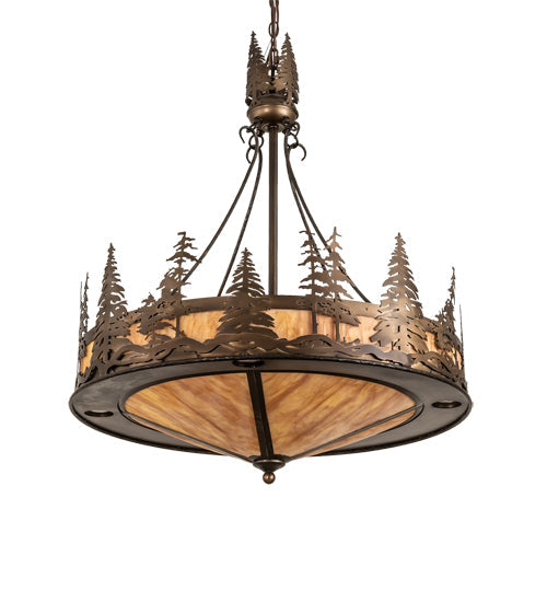 Meyda Lighting Tall Pines 30" 4-Light Antique Copper Inverted Pendant Light With Ambra Sienna Idalight Shade