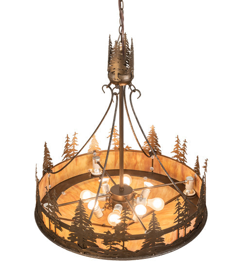 Meyda Lighting Tall Pines 30" 4-Light Antique Copper Inverted Pendant Light With Ambra Sienna Idalight Shade