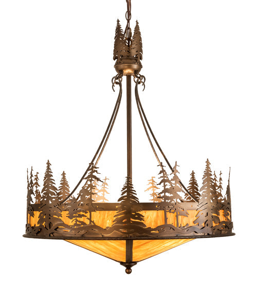 Meyda Lighting Tall Pines 30" 4-Light Antique Copper Inverted Pendant Light With Ambra Sienna Idalight Shade