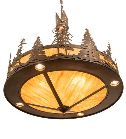 Meyda Lighting Tall Pines 30" 4-Light Antique Copper Inverted Pendant Light With Ambra Sienna Idalight Shade