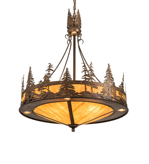 Meyda Lighting Tall Pines 30" 4-Light Antique Copper Inverted Pendant Light With Ambra Sienna Idalight Shade